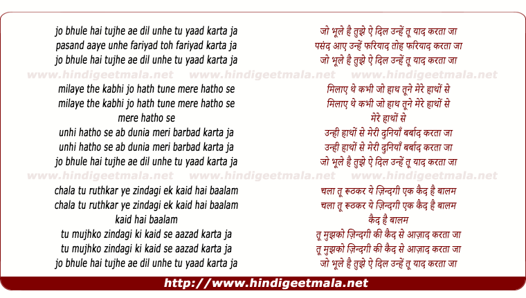 lyrics of song Jo Bhule Hai Tujhe Ae Dil Unhe Tu Yaad Karta Ja