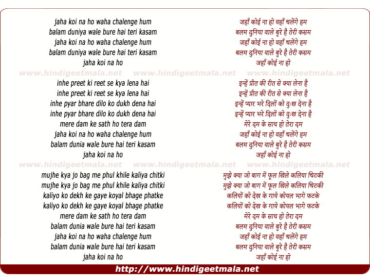 lyrics of song Jaha Koi Na Ho