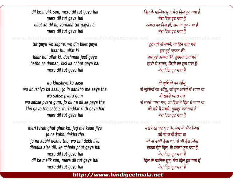 lyrics of song Dil Ke Malik Sun Mera Dil Tut Gaya Hai