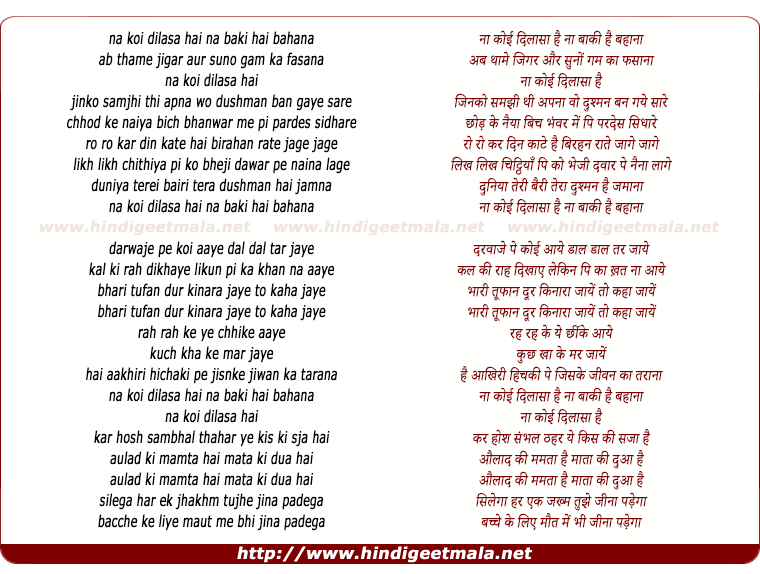 lyrics of song Na Koi Dilasa Hai