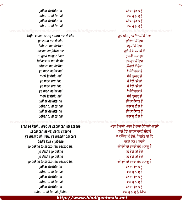 lyrics of song Jidhar Dekhta Hu Udhar Tu Hi Tu