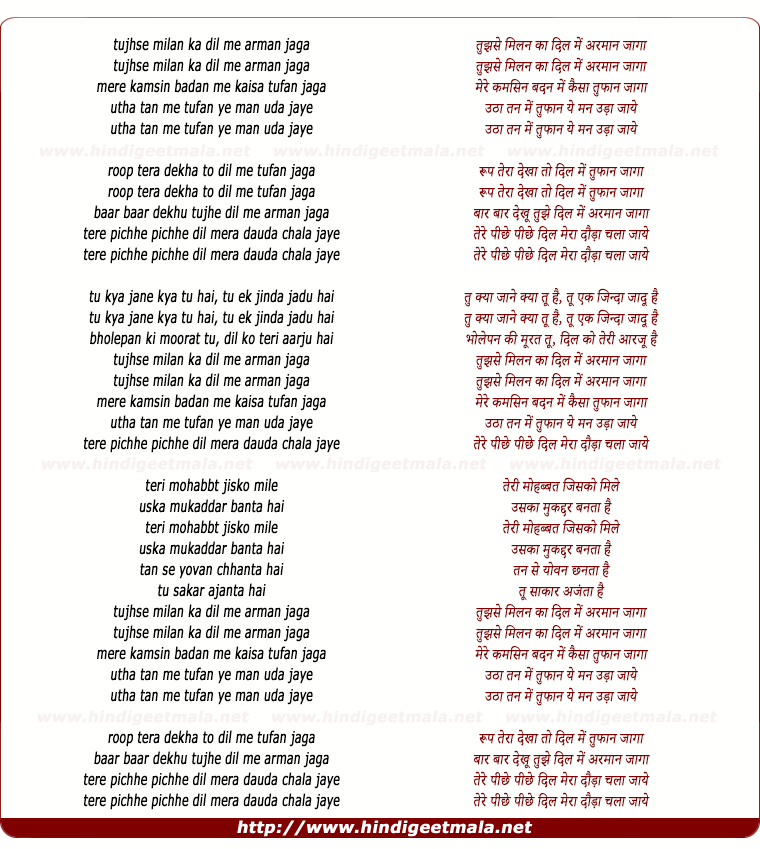 lyrics of song Tujhse Milan Ka Dil Me