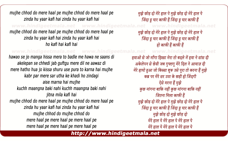 lyrics of song Zinda Hoon Yaar Kafi Hai