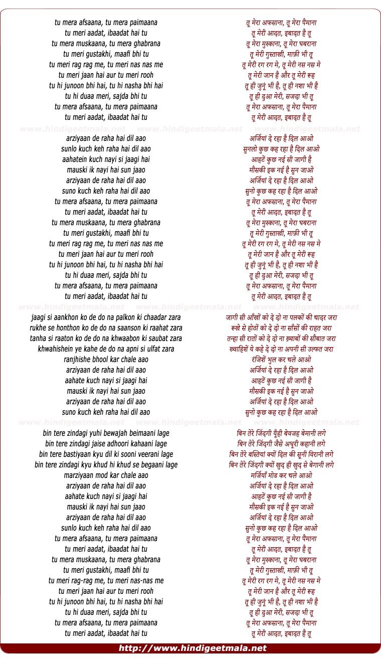 lyrics of song Tu Mera Afsana