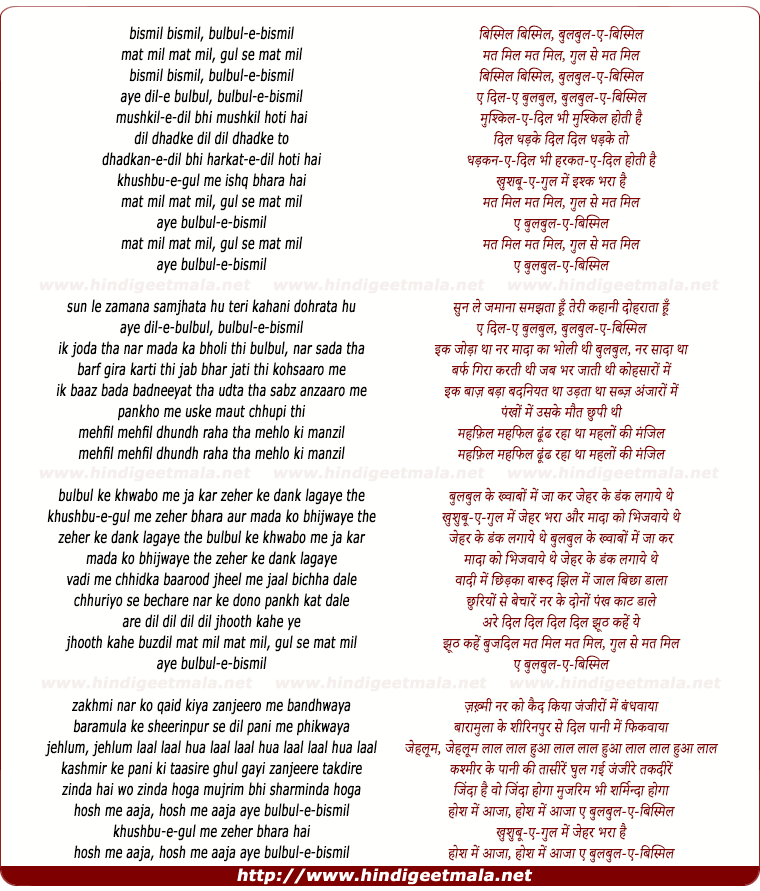 lyrics of song Bismil Bismil