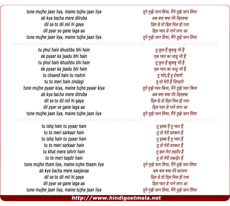 lyrics of song Maine Tujhe Jaan Liya - Duet