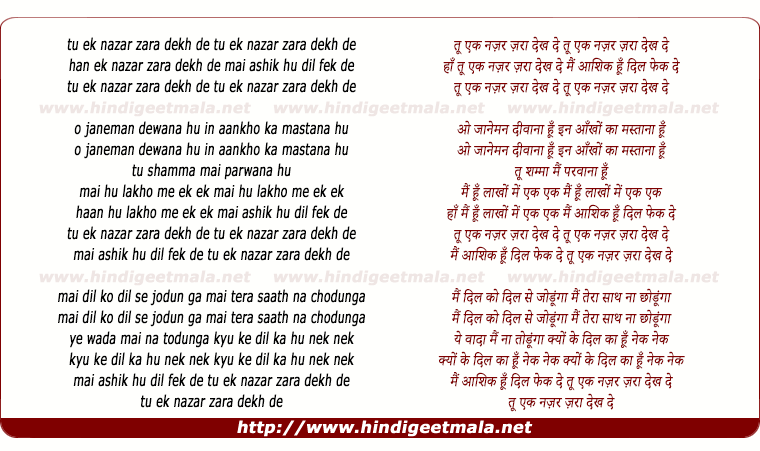 lyrics of song Tu Ek Nazar Zara Dekh De