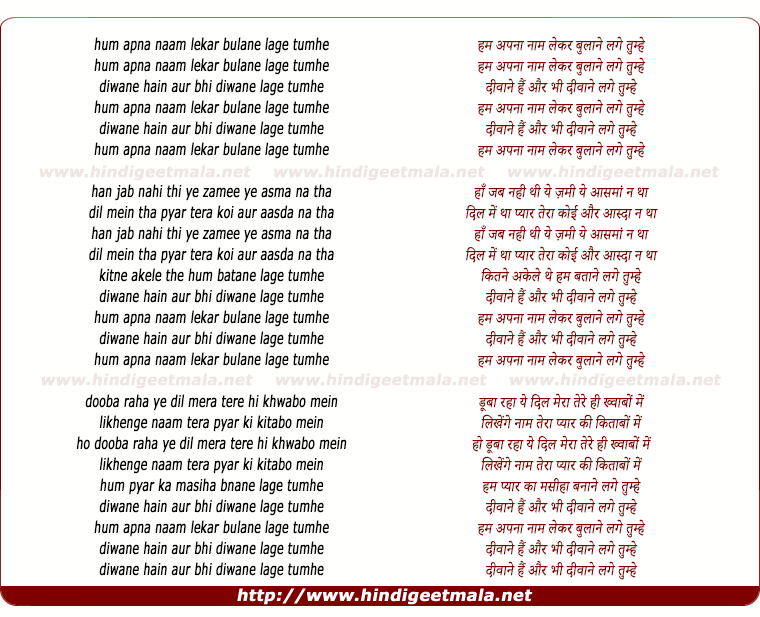 lyrics of song Hum Apna Naam Lekar