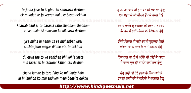 lyrics of song Tu Jo Aa Jaye