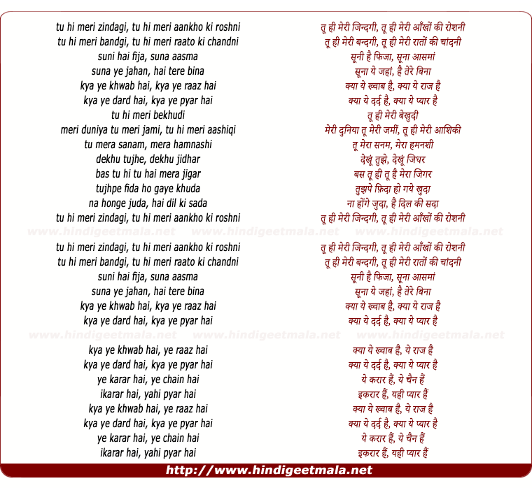 lyrics of song Tu Hi Meri Zindagi