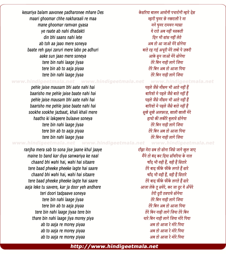 lyrics of song Tere Bin Nahi Laage Jiyaa