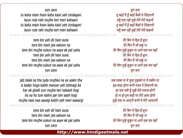 lyrics of song Sun Zara (Tere Bin)