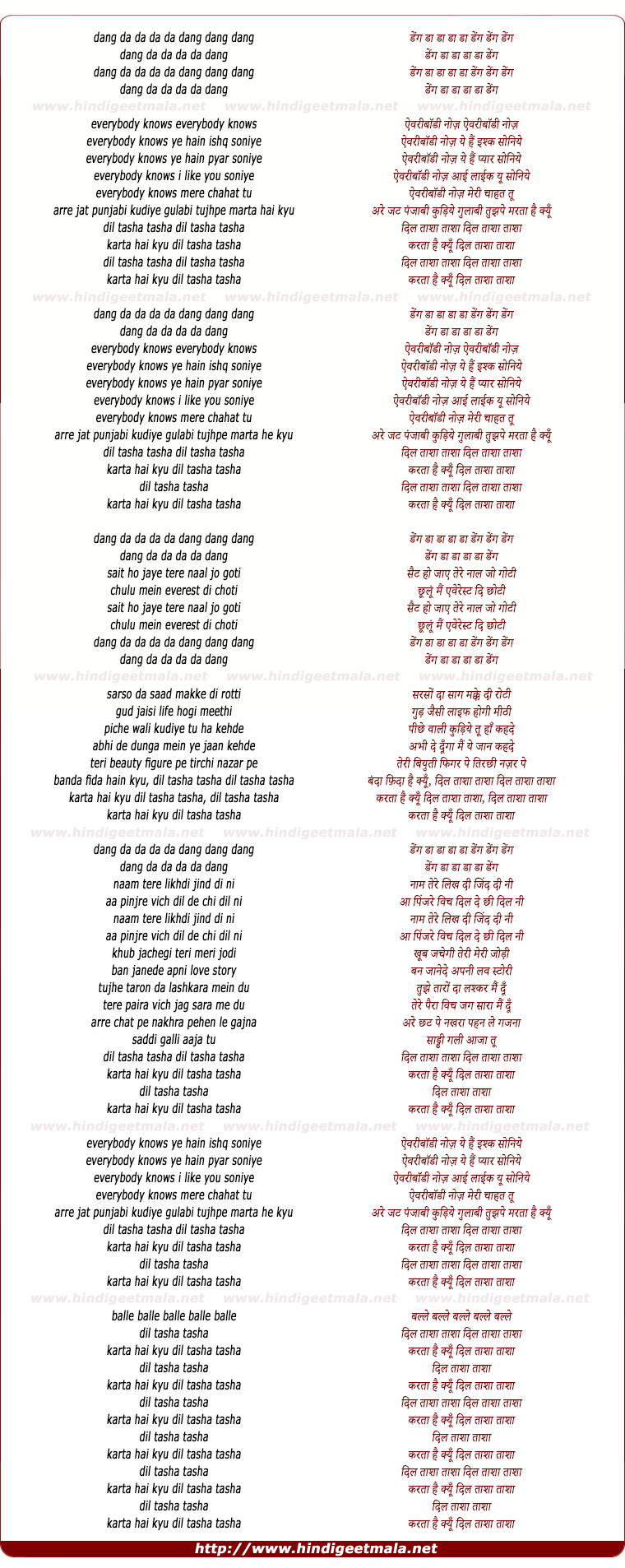 lyrics of song Dil Taasha Taasha - I