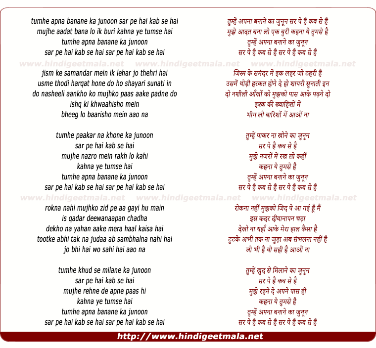 lyrics of song Tumhe Apna Banane Ka