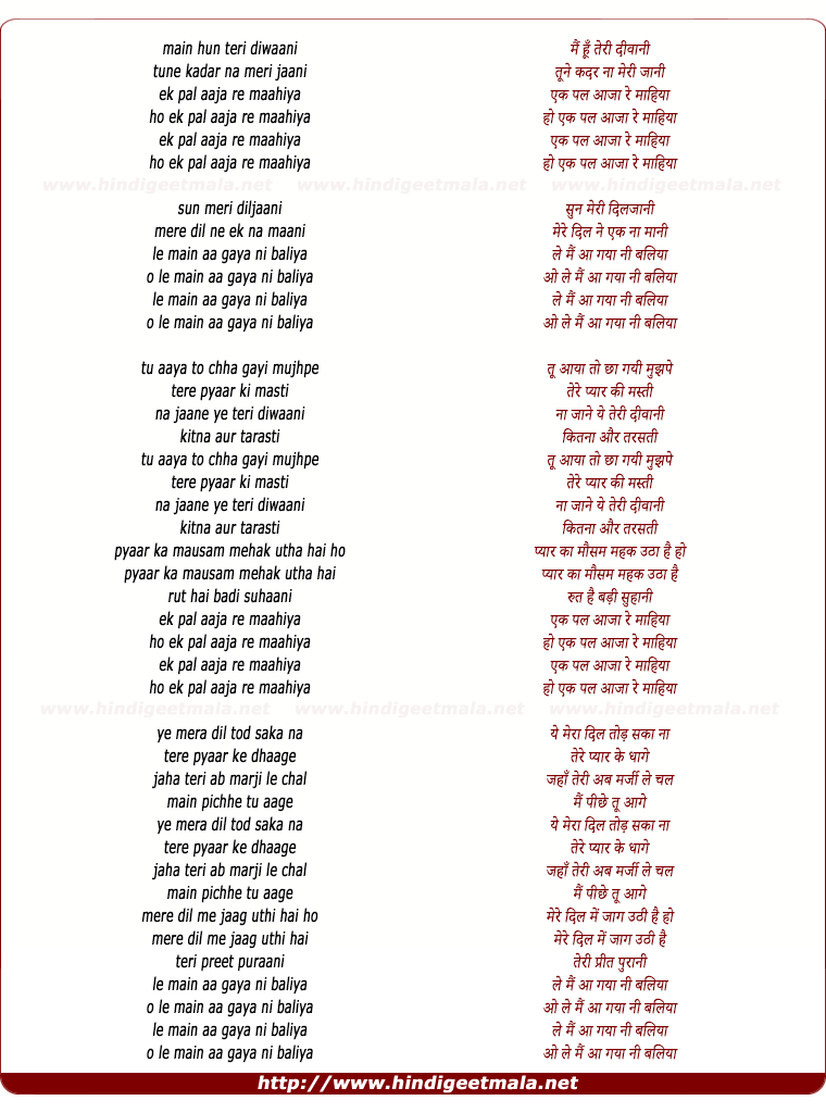 lyrics of song Ek Pal Aa Ja Re Mahiya