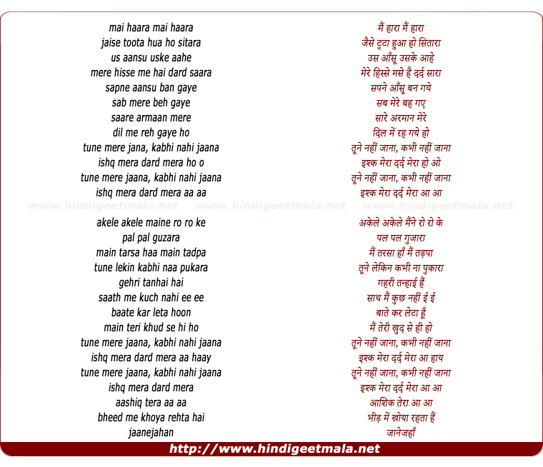 lyrics of song Tune Mere Janaa (Acoustic)