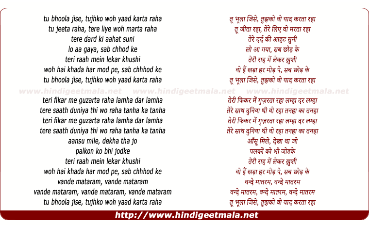 lyrics of song Tu Bhoola Jise