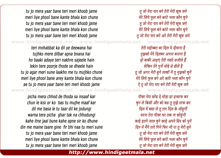 lyrics of song Tu Jo Mera Yaar Bane