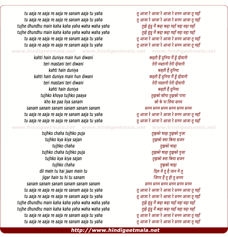 lyrics of song Tu Aaja Re Raaja